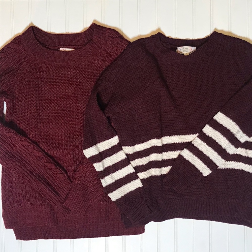 Burgundy Sweater Bundle S XS Pink Republic Lace Up + Cable Knit Cozy Fall Set - Picture 2 of 8